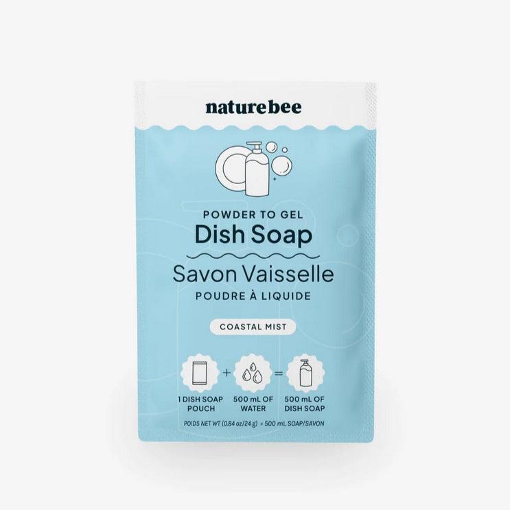 A packet of coastal mist nature bee powder to gel dish soap on a white background. This single dish soap pouch when added to 500 ml of water makes 500 m of dish soap.