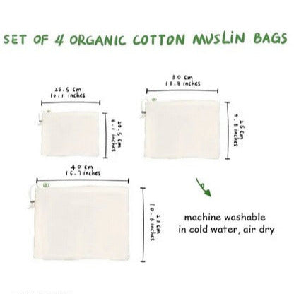 Product packaging for organic cotton muslin bags with dimensions,