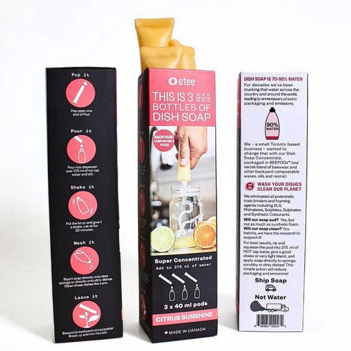 Packaged in etee's very own (internally developed and manufactured in Toronto) backyard compostable pods and formulated without artificial foaming agents like SLS, this dish soap concentrate available in sets of 3 pods is best in class for washing your dishes and cleaning our planet.
