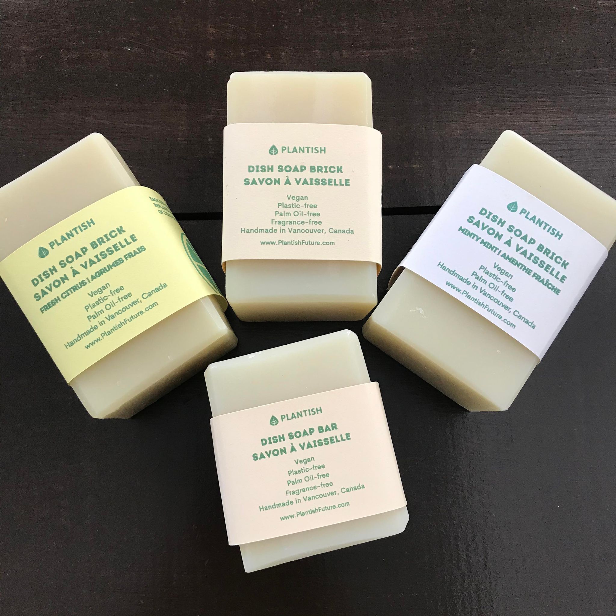 Vegan plastic free solid dish soap made in Canada by Plantish come in fresh citrus, minty mint and unscented 13 oz bricks as well as a 8 oz unscented bar option