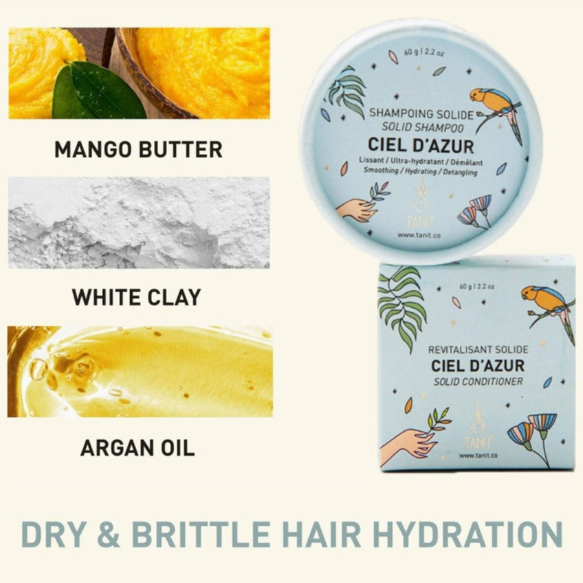 CIEL D'AZUR shampoo by Tanit helps maintain optimal hydration levels and repairs brittle hair while preventing future damage. Matching conditioner sold separately.