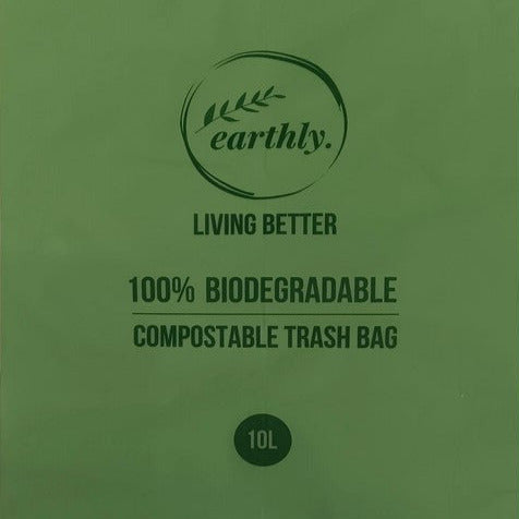 Earthly 10L compostable garbage bag with BPI and EN 13432 certification logos and biodegradable label