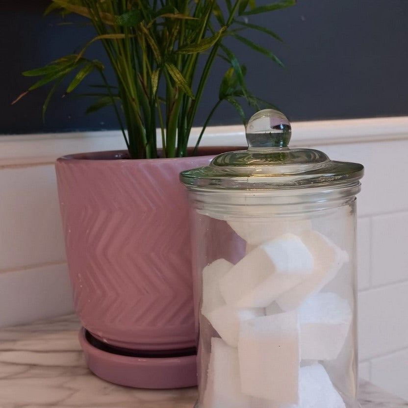 Eco-friendly toilet cleaning tablets stored in a clear glass jar with lid beside a pink plant pot – sustainable storage idea for your Earthly Change tablets