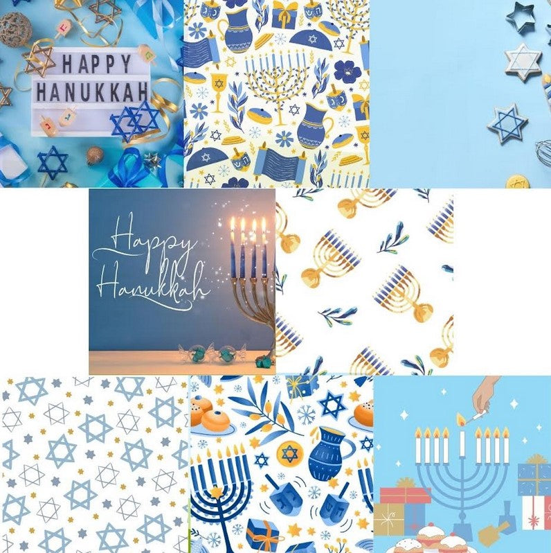 Hanukkah Swedish dish cloth holiday cards set featuring menorahs, dreidels, Stars of David, gelt, and festive blue and gold patterns – eco-friendly and reusable