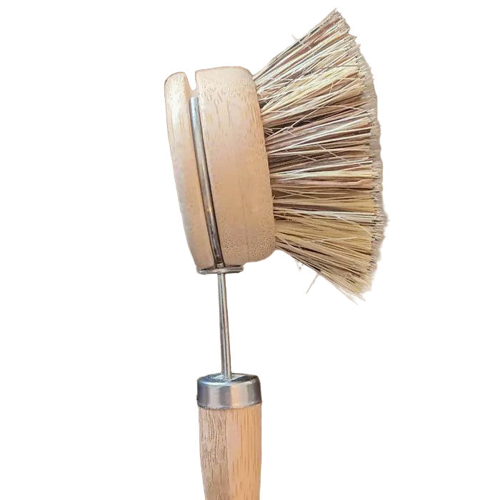 Bamboo kitchen cleaning brush with replaceable head and natural sisal bristles by Earthly Change – sustainable plastic-free dish brush.
