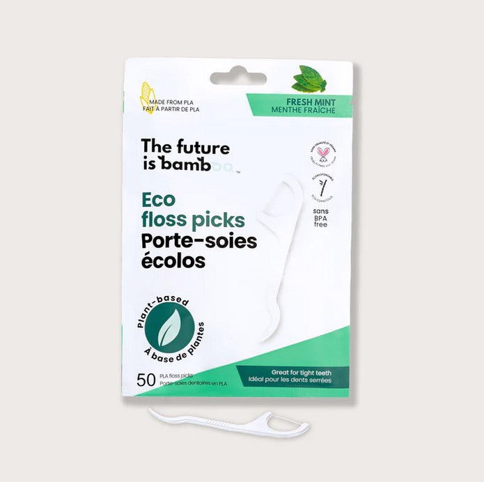 This 50 pack of PLA-based floss picks are 100% recyclable, but they can also be composted in Industrial Composting Factories.