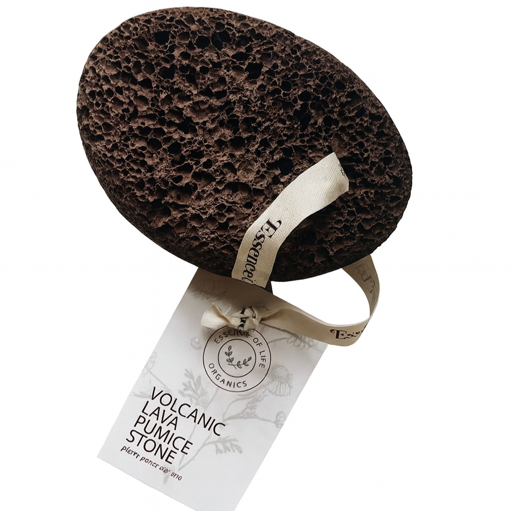 Natural volcanic lava pumice stone by Essence of Life Organics on white background, eco-friendly exfoliating foot care tool for removing calluses and rough skin.