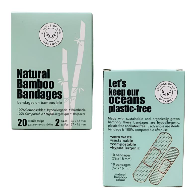 The front and back of a box of 20 Essence of Life Organics natural bamboo bandages containing 2 sizes is shown on a white background. The box includes the wording Let's keep our oceans plastic free and mentions these bandages are zero waste, sustainable, compostable and hypoallergenic
