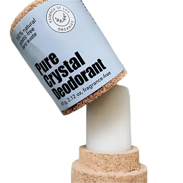 This 100% natural plastic-free zero waste Pure Crystal Deodorant by Essence of Life Organics is pictured on a white background with the lid off to show the crystal sitting in it's cork base.