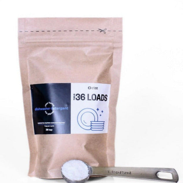 Canadian made etee concentrated dishwasher detergent powder uses only one teaspoon for a dishwasher cycle and comes in a 36 load biodegradable pouch.