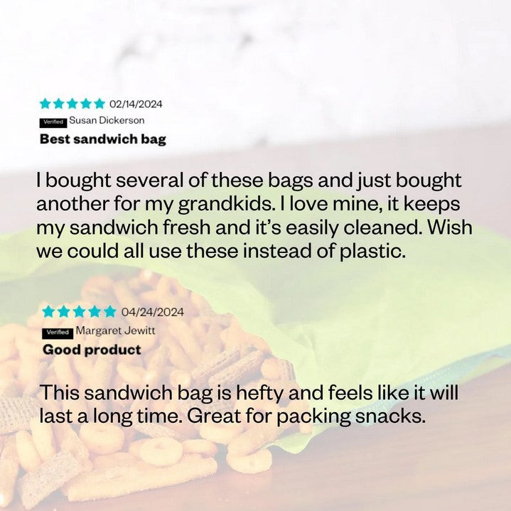 Two customer reviews. One reads, "Best Sandwich Bag - bought several of these bags and just bought another for my grandkids. I love mine, it keeps my sandwich fresh and it's easily cleaned. Wish we could all use these instead of plastic." The second one says, "Good product - This sandwich bag is hefty and feels like it will last a long time. Great for packing snacks."