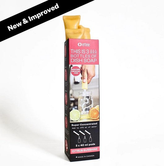 Box of three Canadian made etee citrus sunshine plastic free natural dish soap concentrate in compostable beeswax pods