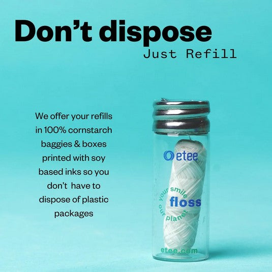 Two plastic free dental floss options from the Canadian brand etee - a glass tube with floss and 1 refill or a 2 pack floss refill