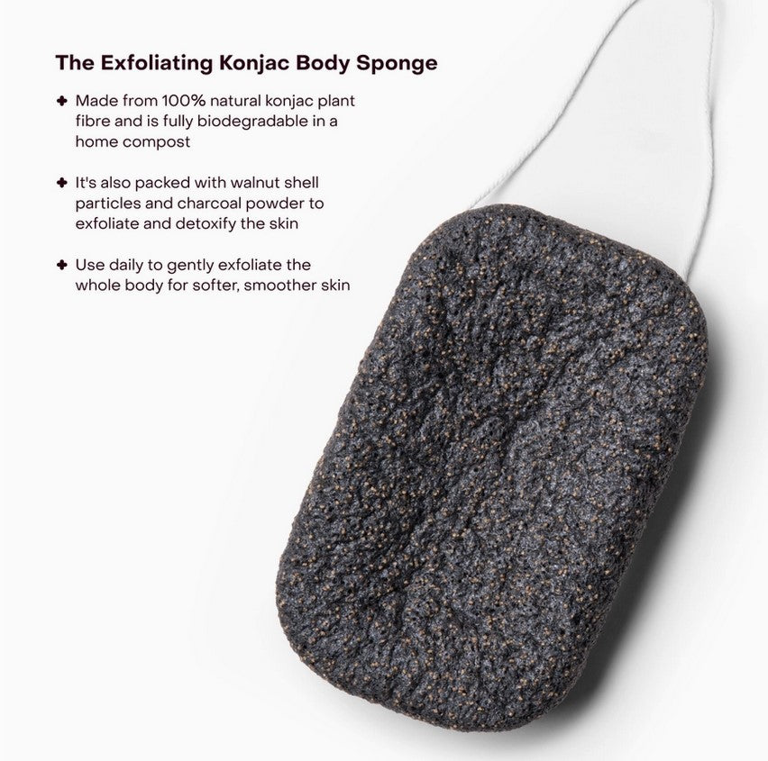 Everist Black Konjac Body Sponge with walnut shell particles and charcoal for natural exfoliation