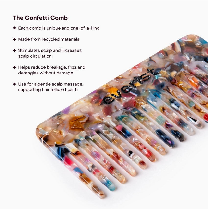 Eco-friendly Everist Confetti Comb with wide teeth made from recycled materials for gentle detangling and scalp massage