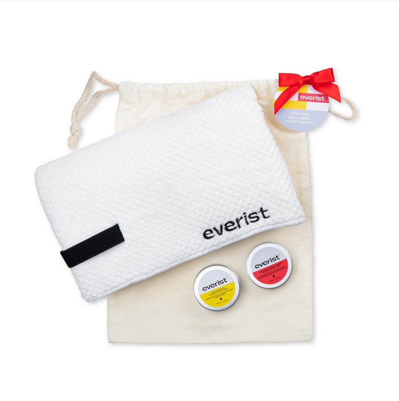 This starter set includes the Shampoo Concentrate Travel Mini (20ml / 0.7oz) and the Deep Conditioning Concentrate Travel Mini (20ml / 0.7oz), a Quick-Dry Hair Towel and a  Reusable Canvas Bag all pictured on a white background.