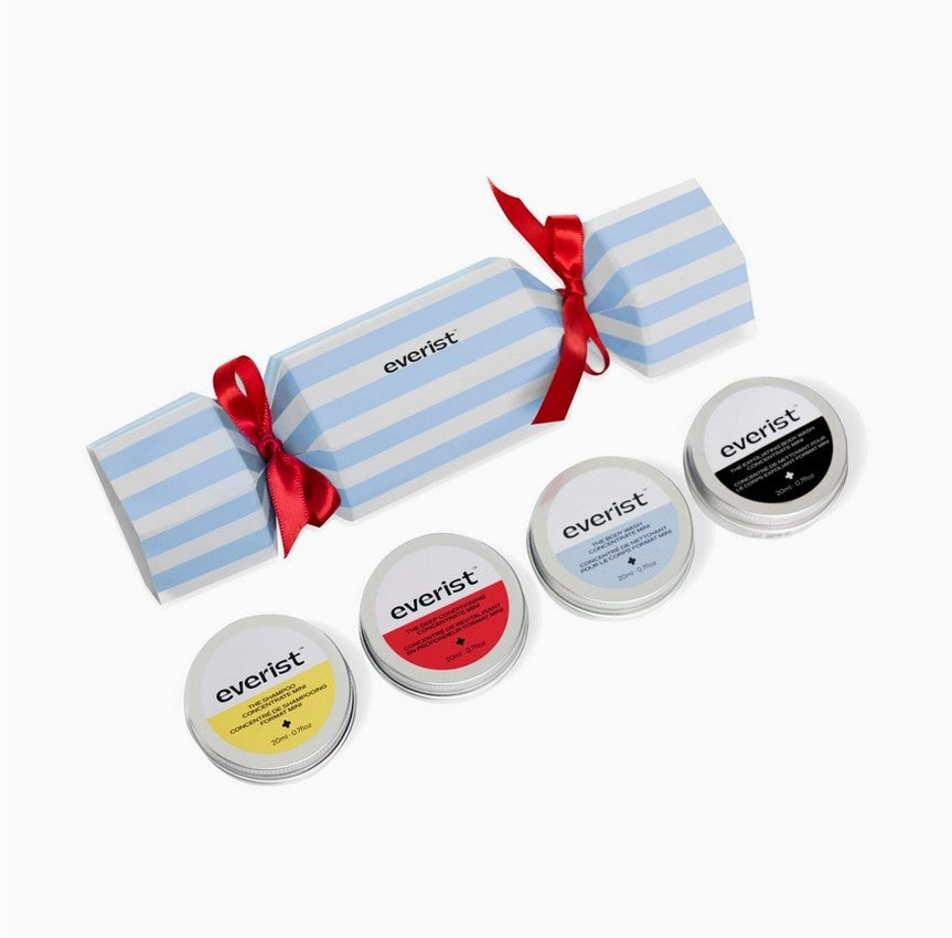 Everist Holiday Bonbon Mini Travel Set with scented body wash, conditioner, and shampoo in compact bottles for travel