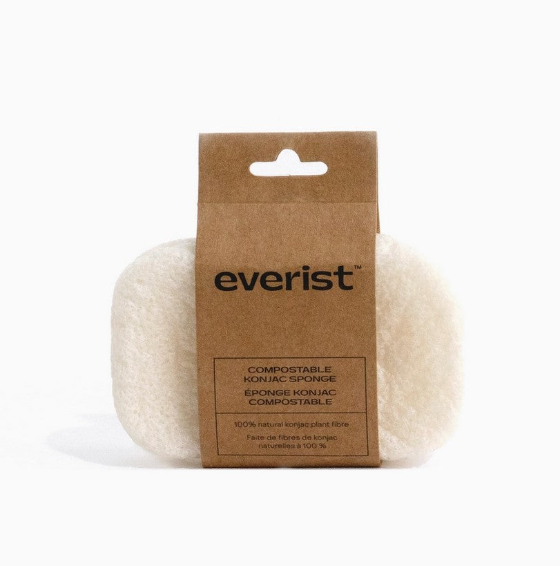 Everist Compostable Konjac Body Sponge in eco-friendly cardboard packaging made from 100% natural plant fibre, biodegradable and plastic-free.