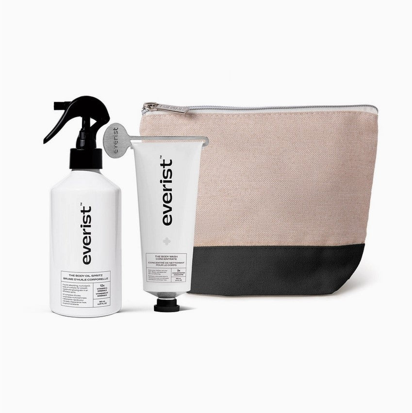 Everist Silky Skin Ritual Set with exfoliating body scrub, hydrating lotion, and shower oil in travel-sized bottles