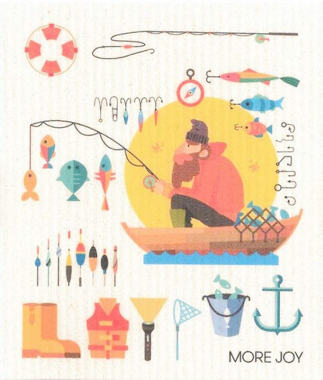 Compostable eco sponge cloth made of cellulose featuring a colorful fishing motif that will delight the angler in your family replaces paper towel by absorbing 20x its weight in liquid. Size 20 x 17 cm