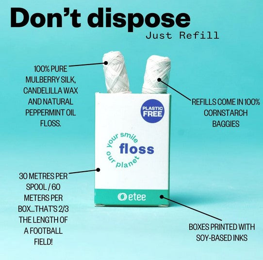 plastic free etee silk dental floss refill pack with two 30 ml biodegradable spools
