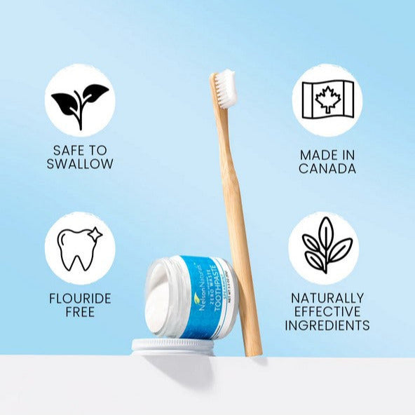 Nelson Naturals Spearmint Toothpaste in a Jar shown with bamboo toothbrush and benefits icons – fluoride-free, safe to swallow, made in Canada