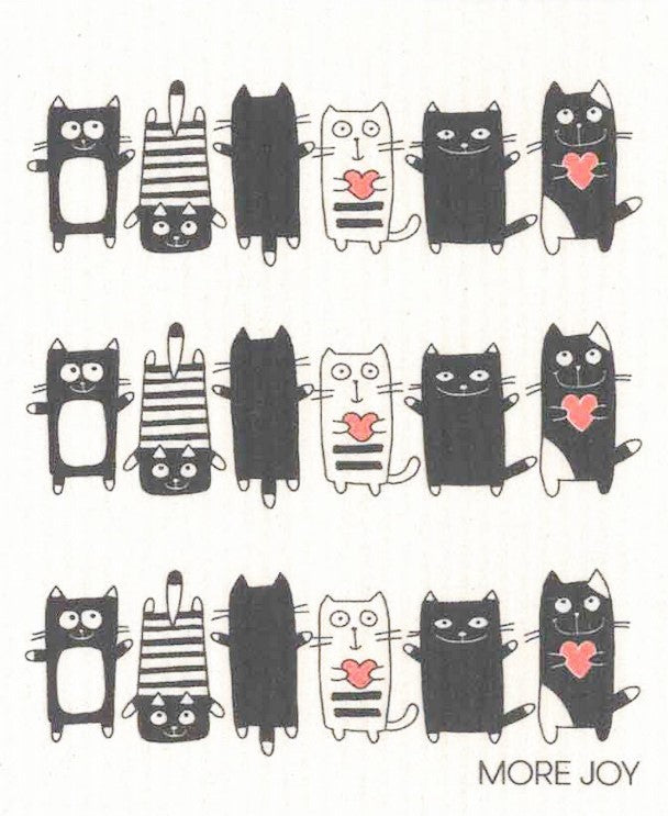 Compostable eco sponge cloth made of cellulose and cotton featuring a delightful collection of cartoon cats on a white background replaces paper towel by absorbing 20x its weight in liquid. Size 20 x 17 cm