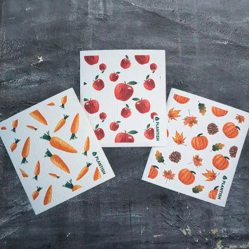 Kitchen cleaning can be fun and easy with this Plantish Swedish dishcloth set of 3 featuring one of each - carrot, apple, pumpkin patterns. These sponge cloths easily soak up water and coffee spills, dry dishes and pots, as well as wipe countertops and other surfaces.