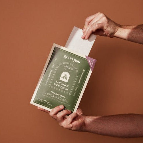 Canadian made Good Juju summer rain 36 load laundry detergent sheets in compostable packaging