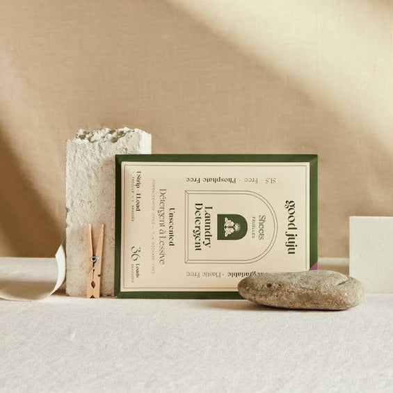 Canadian made Good Juju unscented 36 load laundry detergent sheets in compostable packaging