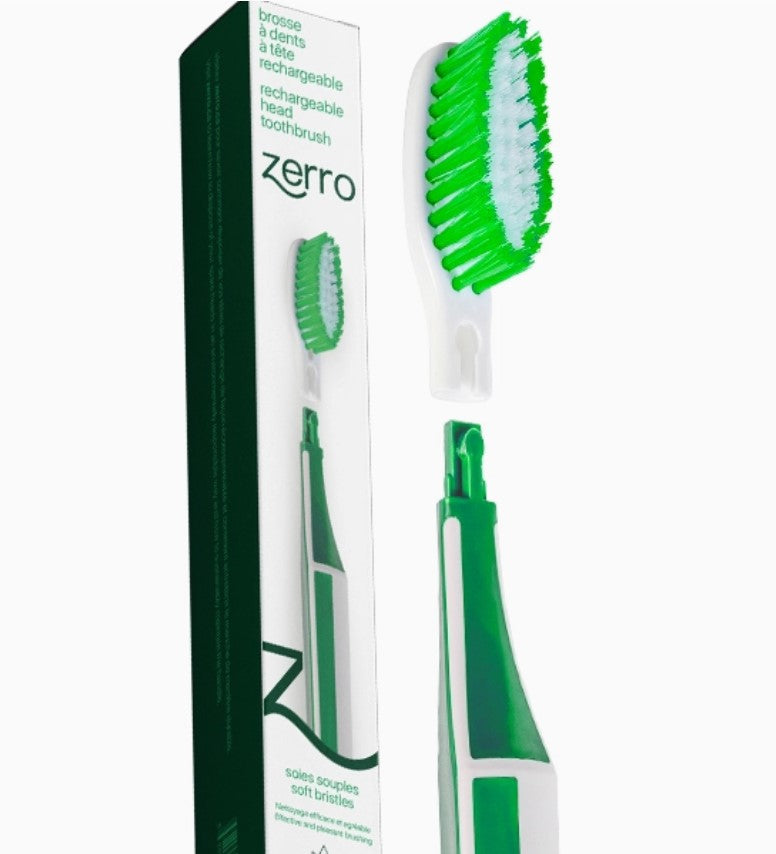 Zerro Replaceable Head Toothbrush in green with soft bristles and reusable handle, Canadian-made eco-friendly toothbrush shown with packaging and snap-on replacement head.