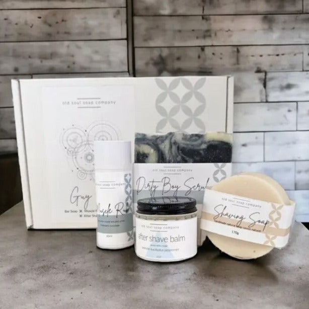 Looking for either a gift for they man in your life or a collection of masculine daily essentials? If so you may want check out this Guy Stuff Gift Box from the Old Soul Soap Company. It features everything a guy needs to look good and smell great! This gift box includes four Canadian made products - 1 Dirty Boy Scrub Soap 1 Shaving Soap 1 After Shave Balm and 1 Muscle Rub Balm