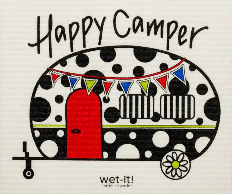 Happy Camper Wet It Cloth with polka dot camper and colourful bunting – eco-friendly Swedish sponge cloth