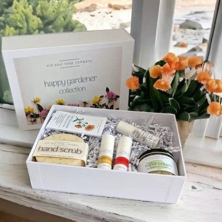 This gardening accessories gift set is made in Canada by the Old Soul Soap Company and includes a hemp hand cream, a calendula salve, a happy camper outdoor balm, a hand scrub and a package of calendula seeds