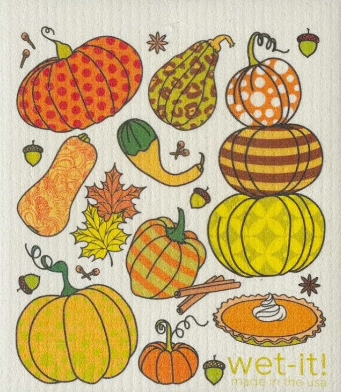 This fall themed Wet-it! Swedish dishcloth featuring a variety of colourful squash, pumpkins and pumpkin pie is made of high-grade cotton and cellulose pulp with a special weave that make it highly absorbent - up to 16x its weight in liquid!