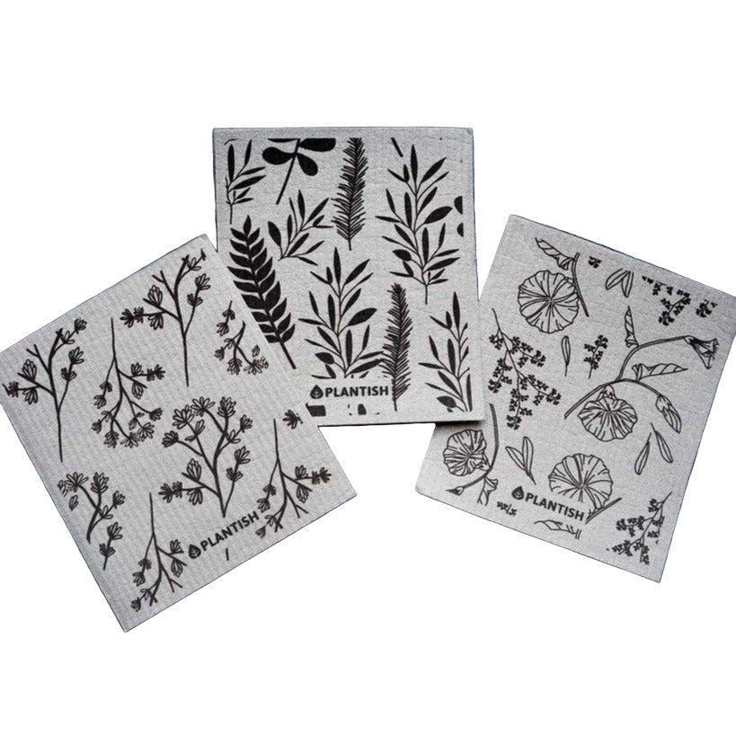 Kitchen cleaning can be fun and easy with this Plantish Swedish dishcloth set of 3 featuring one of each - anise blossom, morning star and herbal eucalyptus patterns. These sponge cloths easily soak up water and coffee spills, dry dishes and pots, as well as wipe countertops and other surfaces.