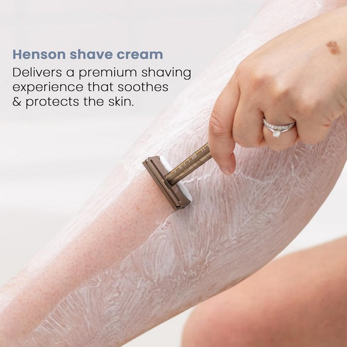 Close shave using Henson Shave Cream and metal safety razor on legs