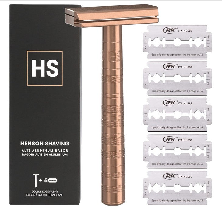 Henson AL13 Copper Razor with box and five RK stainless blades