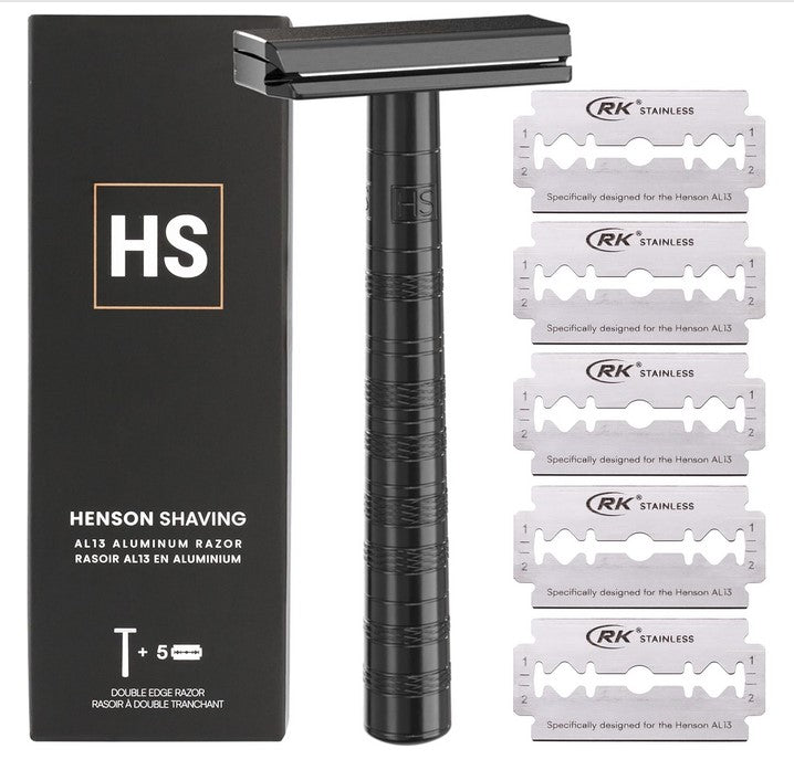 Henson AL13 Jet Black Razor with box and five RK stainless blades