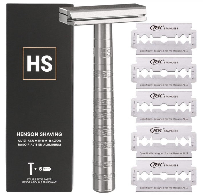 Henson AL13 Aircraft Aluminum Razor with box and five RK stainless blades