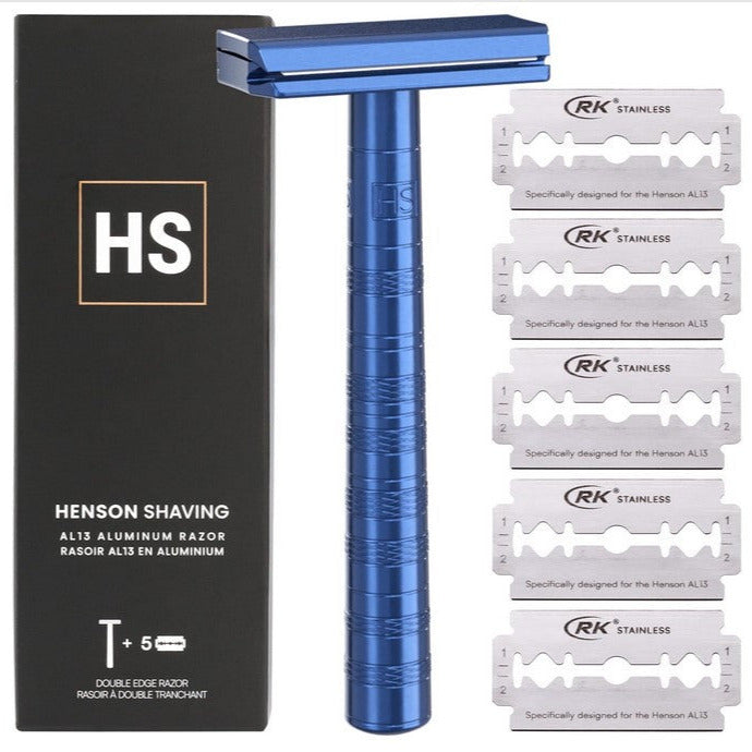 Henson AL13 Steel Blue Razor with box and 5 RK stainless steel blades included