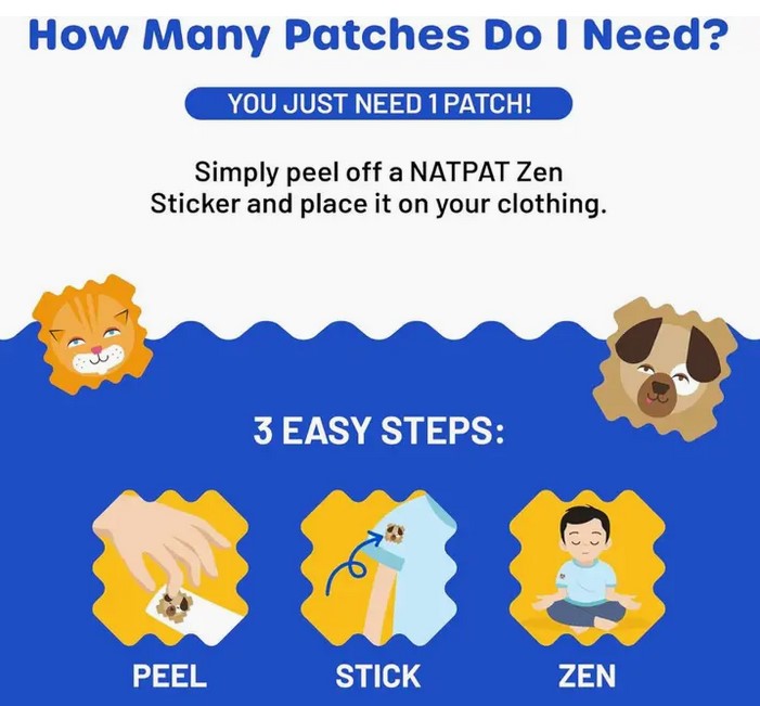 NATPAT ZenPatch 'only one sticker needed' instructions – peel, stick, and relax with a natural calming sticker for stress and anxiety relief