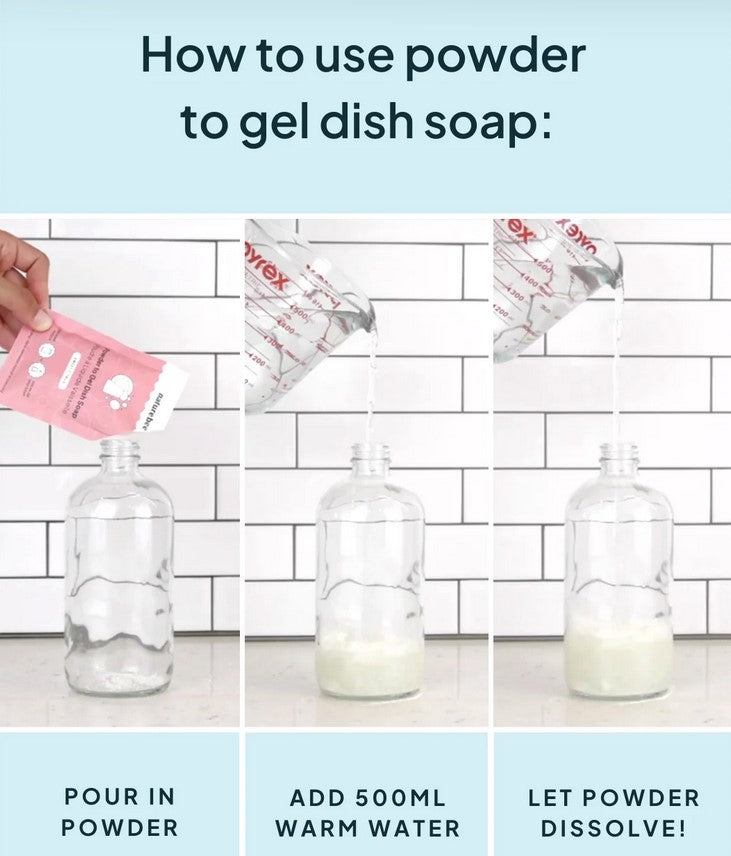 How to use powder to gel dish soap in 3 side by side images - pour in powder, add 500 ml warm water, let powder dissolve.