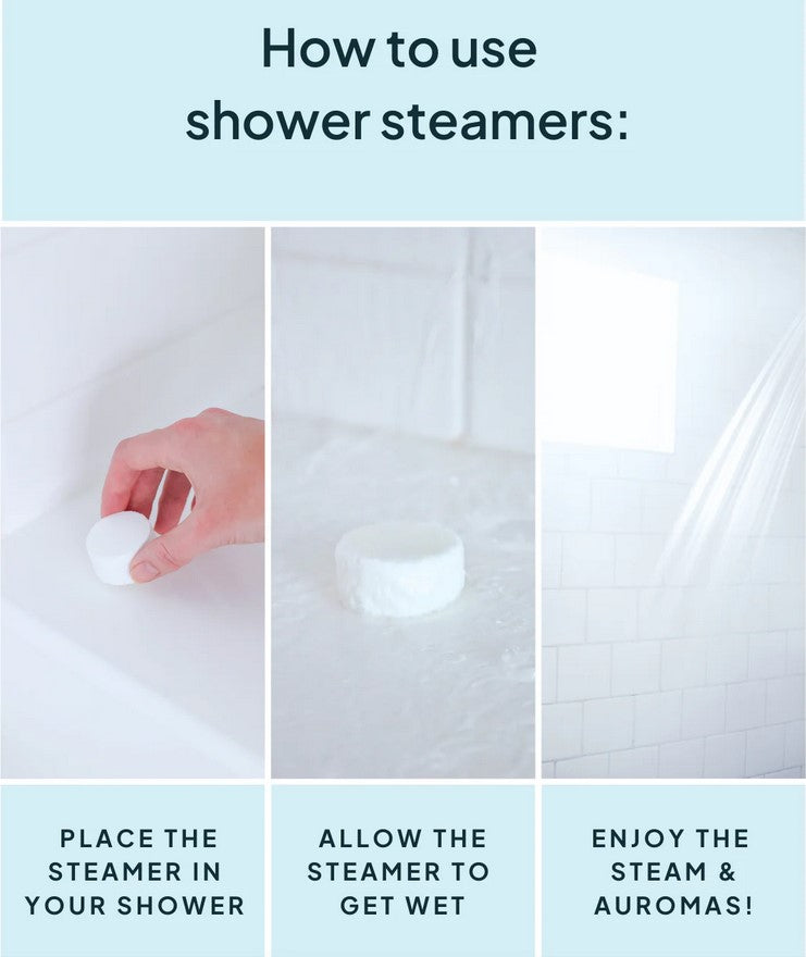 How to use shower steamers - place the steamer in your shower, allow the steamer to get wet and enjoy the steam and the aroma.