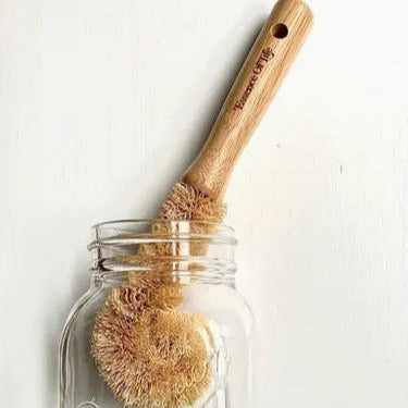 Eco-friendly compostable bottle brush with bamboo handle and coconut bristles cleaning a glass mason jar – Essence of Life Organics