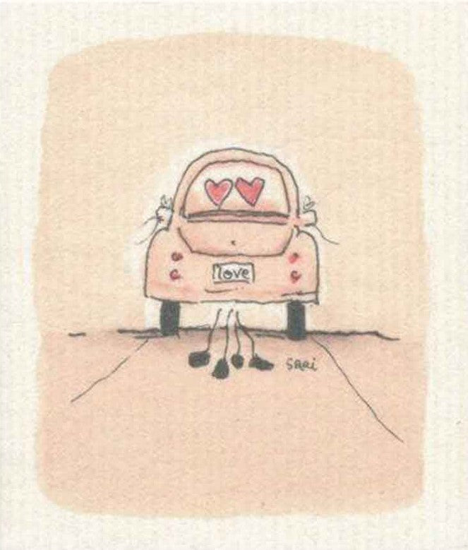 Compostable eco sponge cloth made of cellulose with an endearing rendered scene of two lovebirds beginning their journey together as a couple replaces paper towel by absorbing 20x its weight in liquid. Size 20 x 17 cm