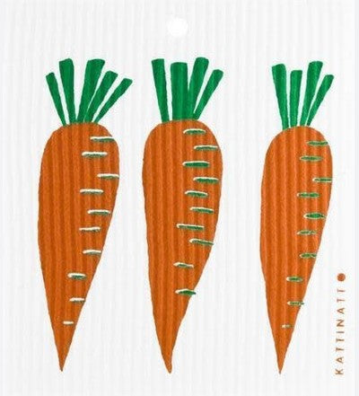 Three cartoon carrots with green tops on a white background