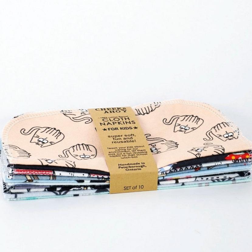 These neutral Cheeks Ahoy Cloth Napkins are super soft, fun and reusable. They come in a pack of 10 in patterns and themes that may appeal to kids of all ages.