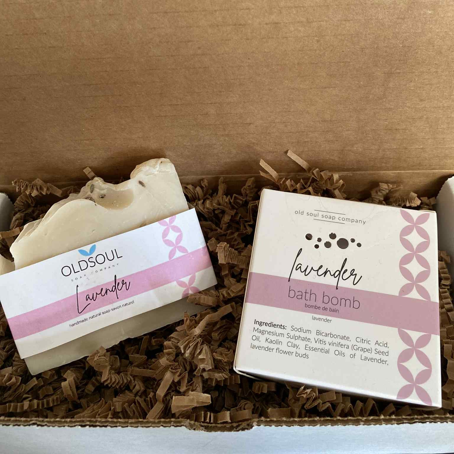 Lavender Soap and Bath Bomb Gift Set by Old Soul Soap Company — Canadian-made eco-friendly self-care gift featuring a natural lavender artisan soap and relaxing bath bomb in recyclable packaging.