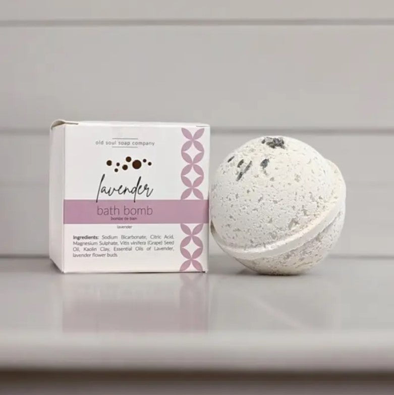 Canadian made lavender essential oil bath bomb in a box crafted by the Old Soul Soap Company pictured beside the box